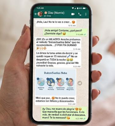 Mensaje de Clau contando que su bebé se durmió en 15 minutos y no se despertó en toda la noche con Dulces Sueños Bebé