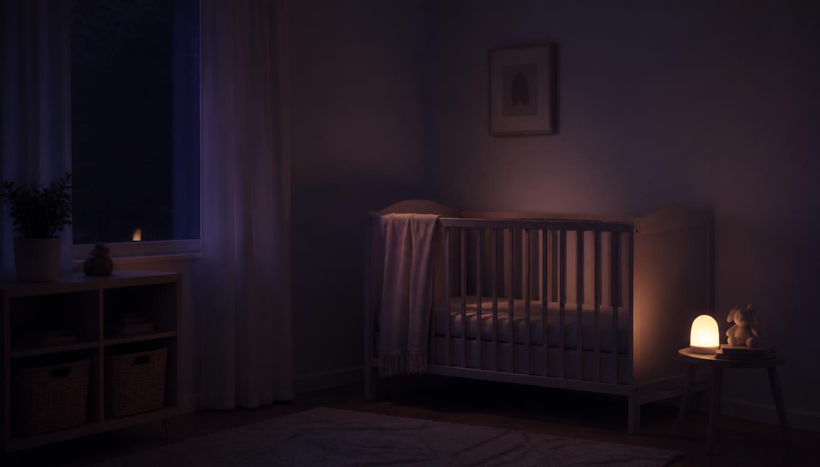 Habitación de bebé en penumbra con una luz cálida encendida durante la noche